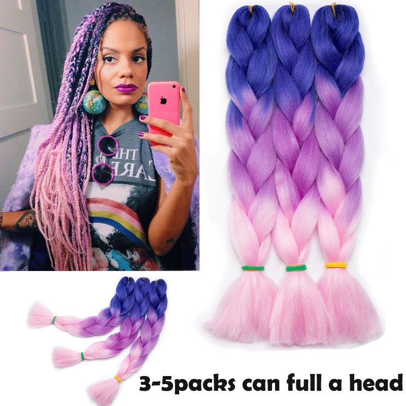 Snoilite Long Ombre Synthetic Braiding Hair Brazilian Pink Blue Grey Purple Crochet Jumbo Braids Hair Extensions For Women