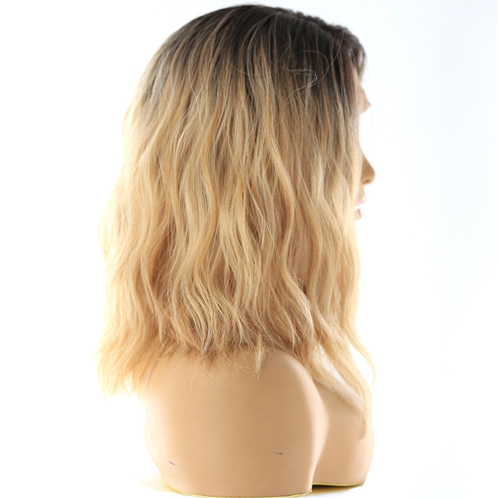 Blonde Ombre Color Lace Front Synthetic Wigs Shoulder Length Deep Invisible Side Part X-TRESS Natural Wave Short Bob Lace Wig