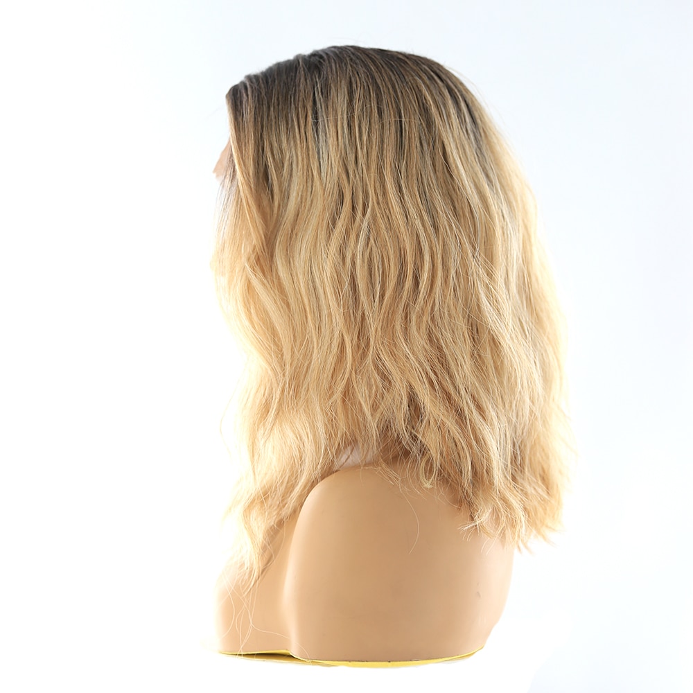Blonde Ombre Color Lace Front Synthetic Wigs Shoulder Length Deep Invisible Side Part X-TRESS Natural Wave Short Bob Lace Wig