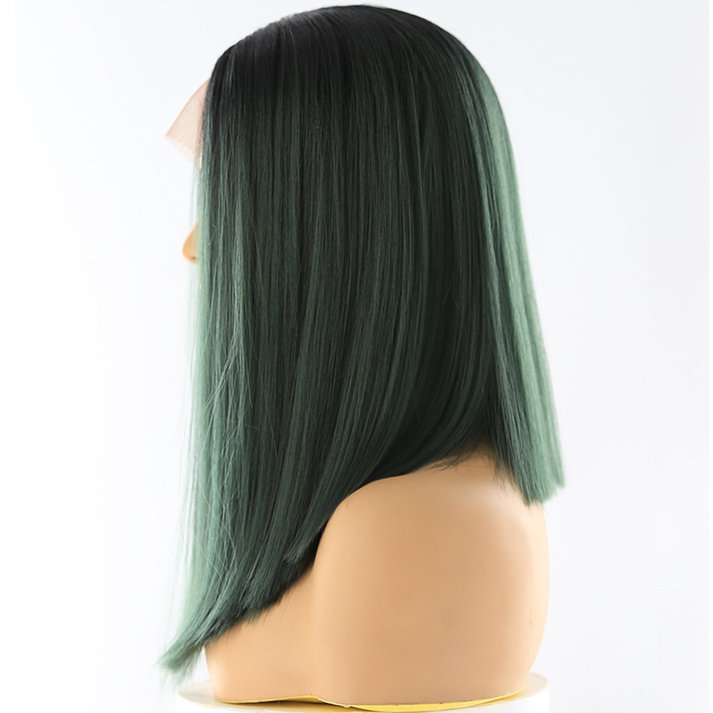 Yaki Straight Lace Front Synthetic Hair Wigs High Temperature Fiber X-TRESS Ombre Green Color Short Blunt Lace Wig Middle Part