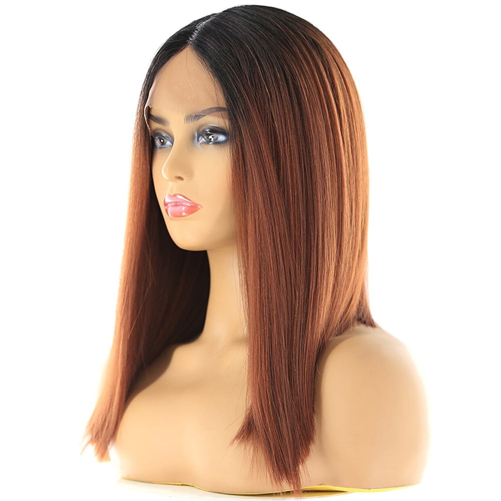 Ombre Orange Colored Synthetic Lace Front Wigs For Black Women X-TRESS Yaki Straight Blunt Short Bob Hair Lace Wig Middle Part