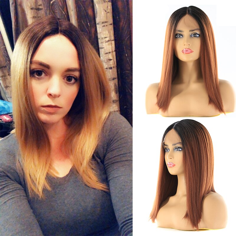 Ombre Orange Colored Synthetic Lace Front Wigs For Black Women X-TRESS Yaki Straight Blunt Short Bob Hair Lace Wig Middle Part