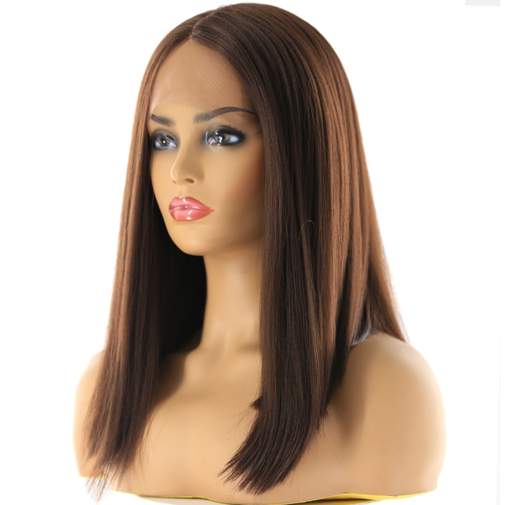 Medium Brown Synthetic Hair Lace Front Wigs High Temperature Fiber X-TRESS Yaki Straight Short Bob Blunt Lace Wig Middle Part