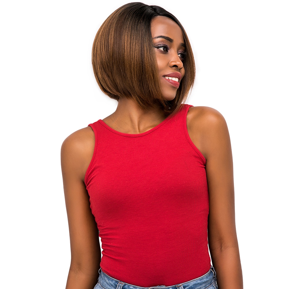 Dark Roots Ombre Brown Color Synthetic Wigs For Black Women X-TRESS Straight Short Bob Lace Front Wig With Baby Hair Side Part