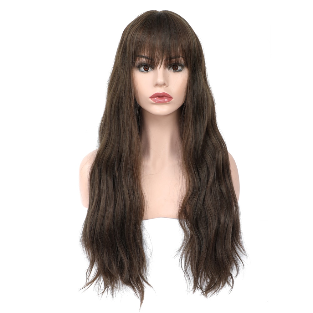 X-TRESS Ash Brown Colored Synthetic Wig With Bangs Natural Wave Long Wavy Machine Made Wigs For Women Use For Party Cosplay