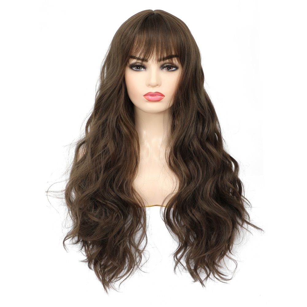 X-TRESS Ash Brown Colored Synthetic Wig With Bangs Natural Wave Long Wavy Machine Made Wigs For Women Use For Party Cosplay