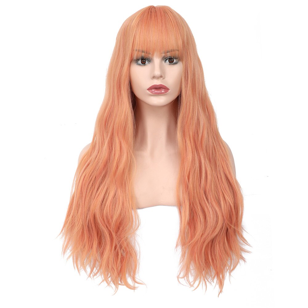 X-TRESS Orange Pink Colored Synthetic Wigs With Bangs Soft Body Wave Long Length Machine Made Hair Wig For Women Cosplay Party