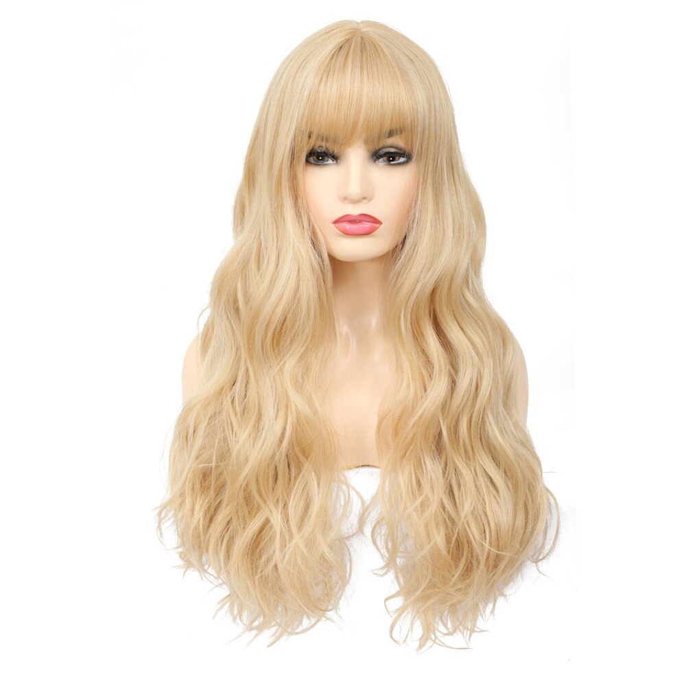 X-TRESS Gold Blonde Colored Synthetic Wigs For Women Body Wave Machine Made Wig With Bangs High Temperature Fiber Hairpiece