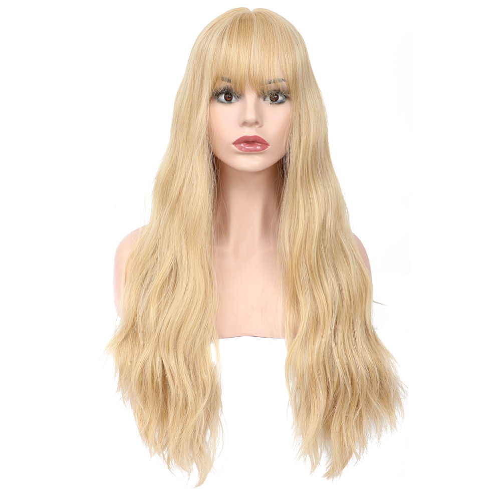 X-TRESS Gold Blonde Colored Synthetic Wigs For Women Body Wave Machine Made Wig With Bangs High Temperature Fiber Hairpiece