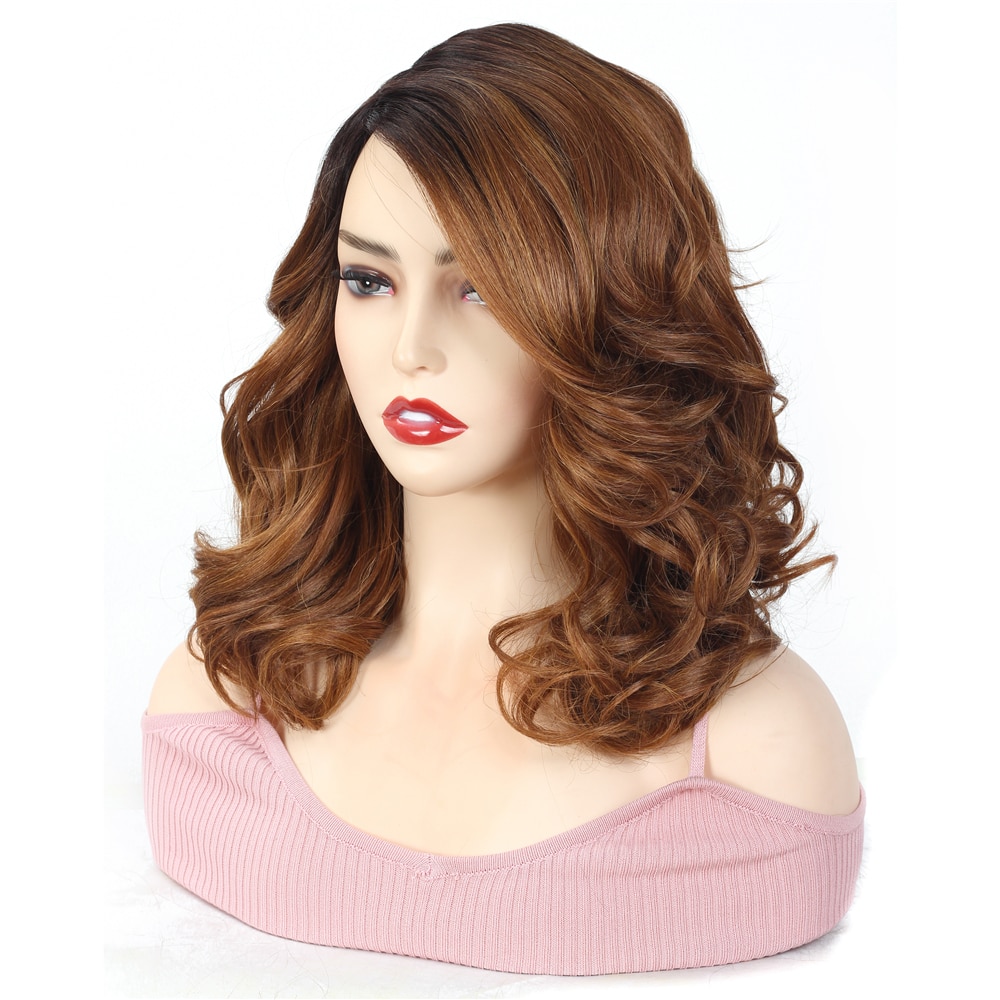 X-TRESS Loose Wave Synthetic Hair Wigs Side Part Glueless Heat Resistant Fiber Brown Color 12inch Short Bob Wig For Black Women
