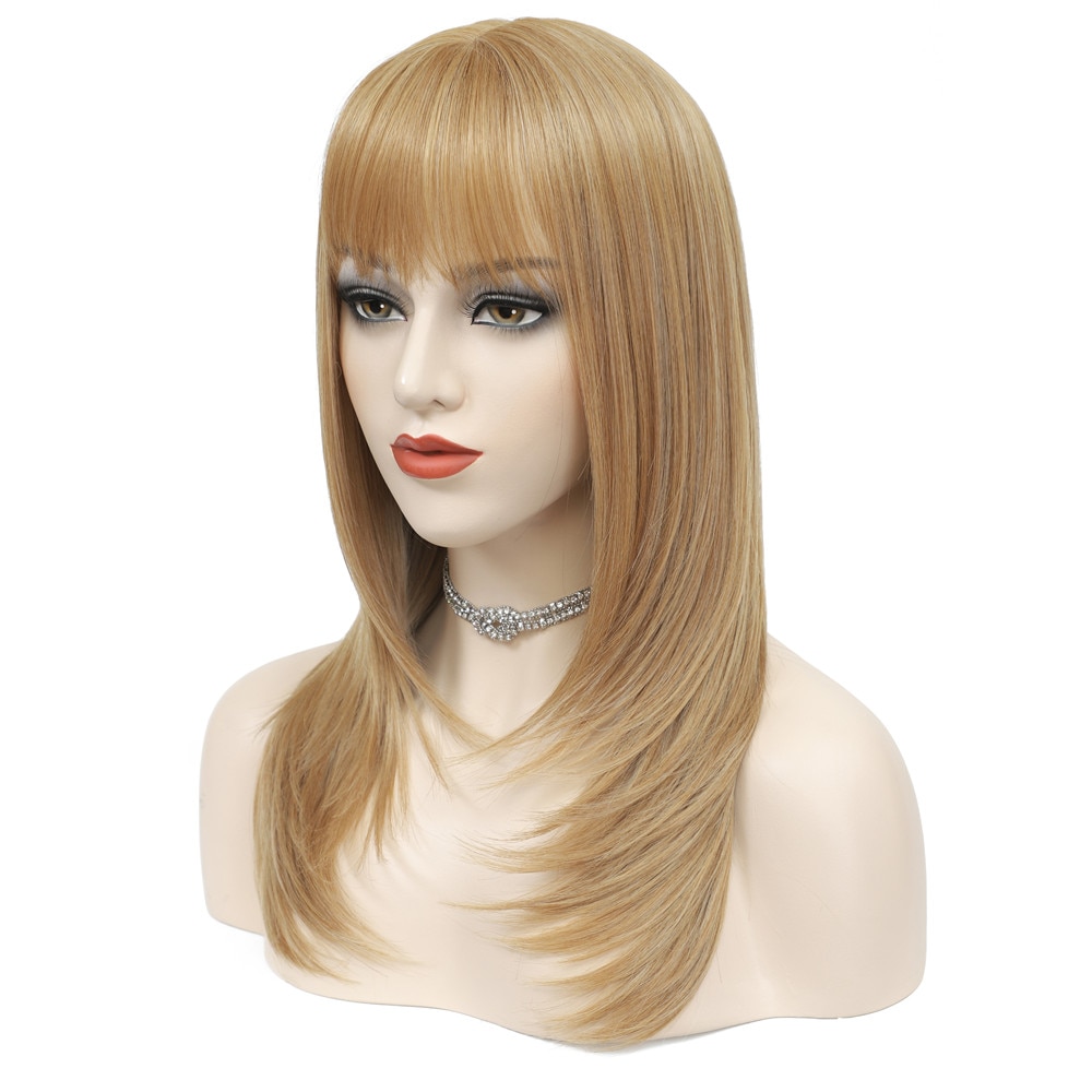 Strawberry Blonde Wig With Bangs Cosplay Synthetic Hair Wigs X-TRESS Medium Length 20inch Straight Wig Hairpiece For Women