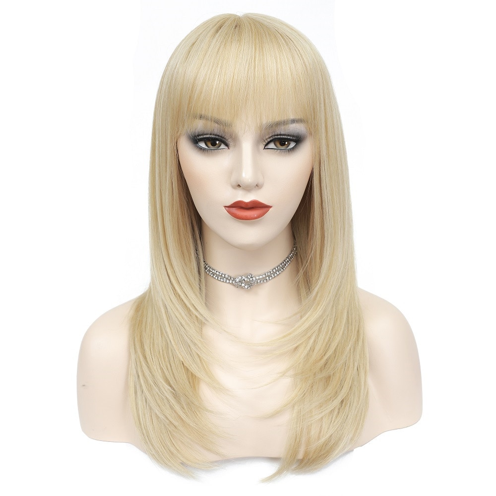 Strawberry Blonde Wig With Bangs Cosplay Synthetic Hair Wigs X-TRESS Medium Length 20inch Straight Wig Hairpiece For Women