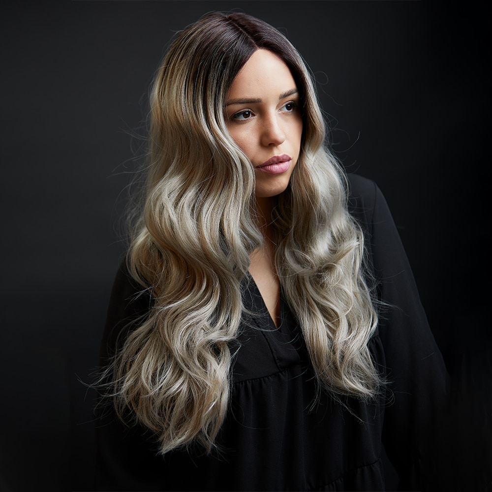 X-TRESS Ombre Grey Color Natural Wave Synthetic Lace Front Wig Black Green Medium Length Lace Wig For Black Women Heat Resistant