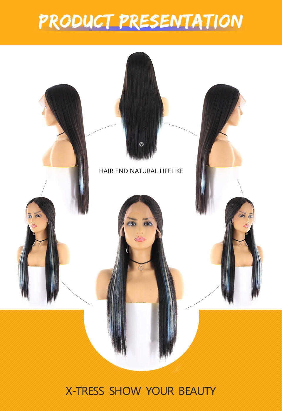 Yaki Straight Synthetic Hair Wigs With Natural Hairline X-TRESS Ombre Blue Color Long Layered Lace Front Wig For Black Women
