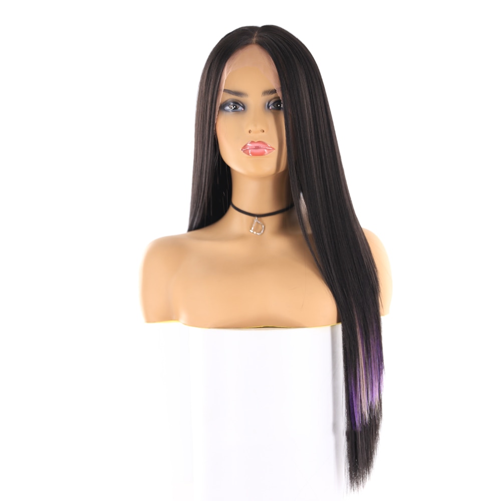 Long Straight Synthetic Womens Wigs Black Purple Yaki Straight Lace Front Hair Wig Middle Part Heat Resistant Fiber Wigs X-TRESS