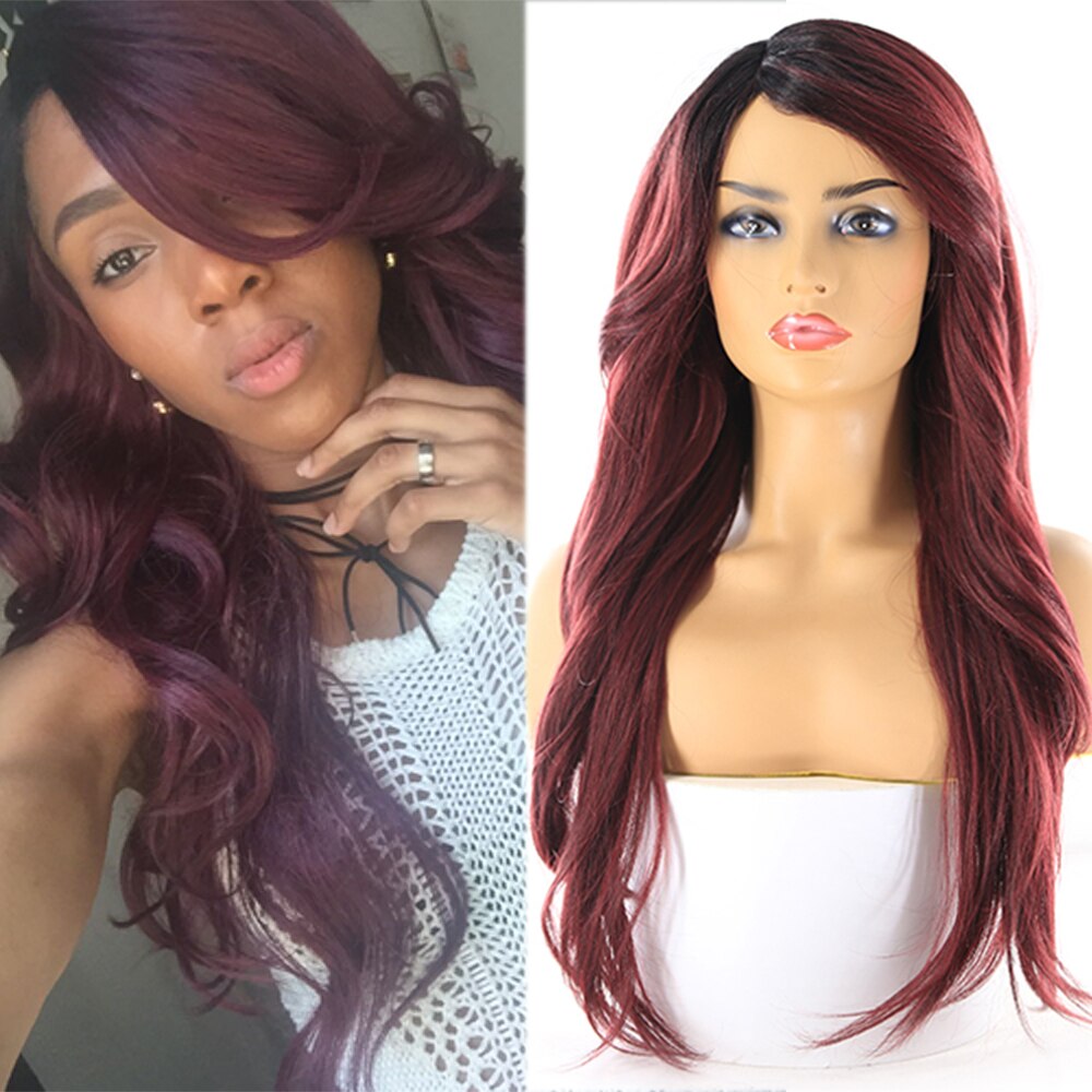 Burgundy Red Color Synthetic Wigs For Black Women Long Wavy Mix Straight Hair Cosplay Wig Heat Resistant Fiber Hairstyle X-TRESS