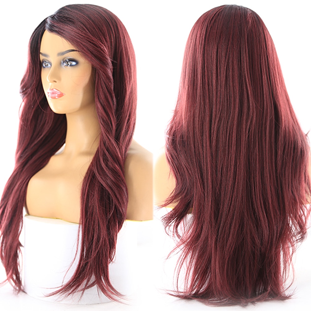 Burgundy Red Color Synthetic Wigs For Black Women Long Wavy Mix Straight Hair Cosplay Wig Heat Resistant Fiber Hairstyle X-TRESS