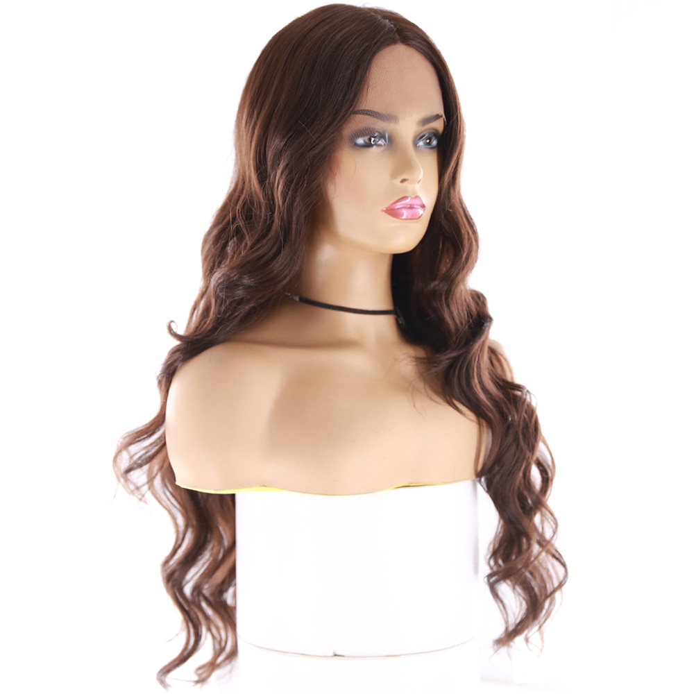 Medium Brown Synthetic Hair Lace Wigs For Women X-TRESS 24inch Long Wavy Lace Front Wig Middle Part Heat Resistant Fiber Hair