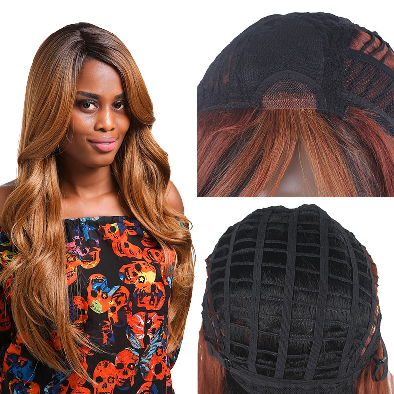 Ombre Brown Blonde Color Lace Part Wigs With Bangs X-TRESS Synthetic Hair Wig For Black Women Long Straight Middle/Side Part Wig