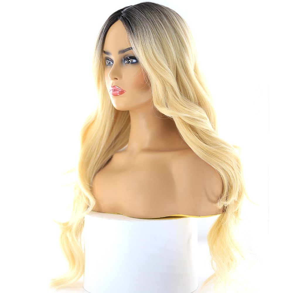 Blonde 613 Ombre Color Lace Part Synthetic Hair Wigs With Bangs Heat Resistant Fiber X-TRESS Long Wavy Wig Side Part For Women