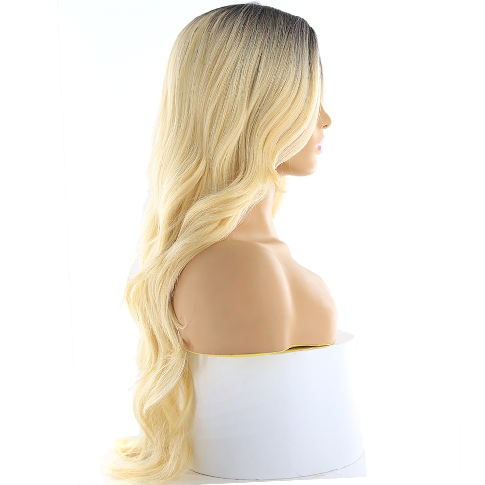 Blonde 613 Ombre Color Lace Part Synthetic Hair Wigs With Bangs Heat Resistant Fiber X-TRESS Long Wavy Wig Side Part For Women