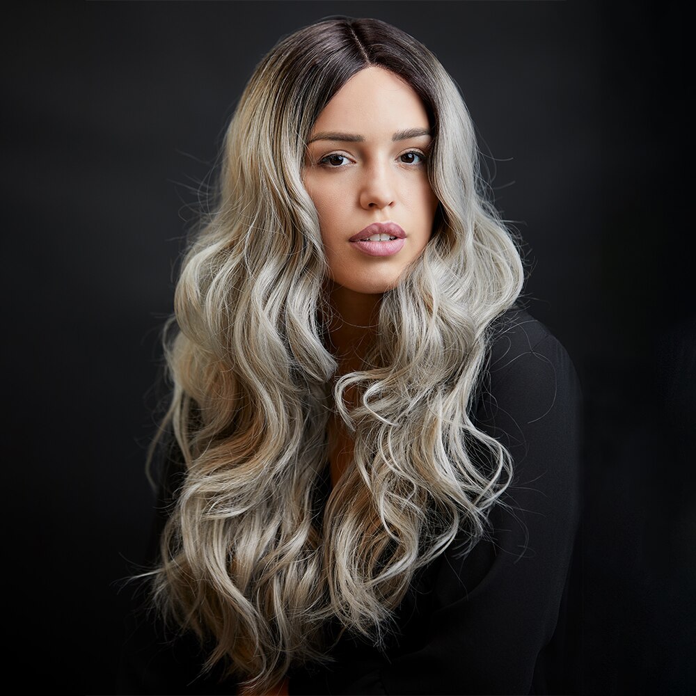 Ombre Pink Color Synthetic Lace Front Wig Natural Wave Black Grey Wigs 22Inch Length Heat Resistant Lace Wig For Women X-TRESS
