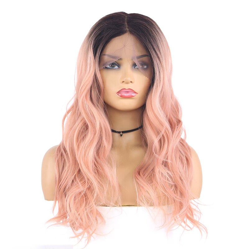 Ombre Pink Color Synthetic Lace Front Wig Natural Wave Black Grey Wigs 22Inch Length Heat Resistant Lace Wig For Women X-TRESS