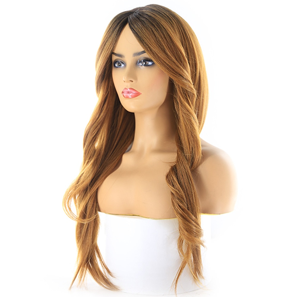 Ombre Blonde Pink Color Lace Part Synthetic Hair Wigs With Bangs Middle/Side Part X-TRESS Long Straight Lace Wig For Black Women