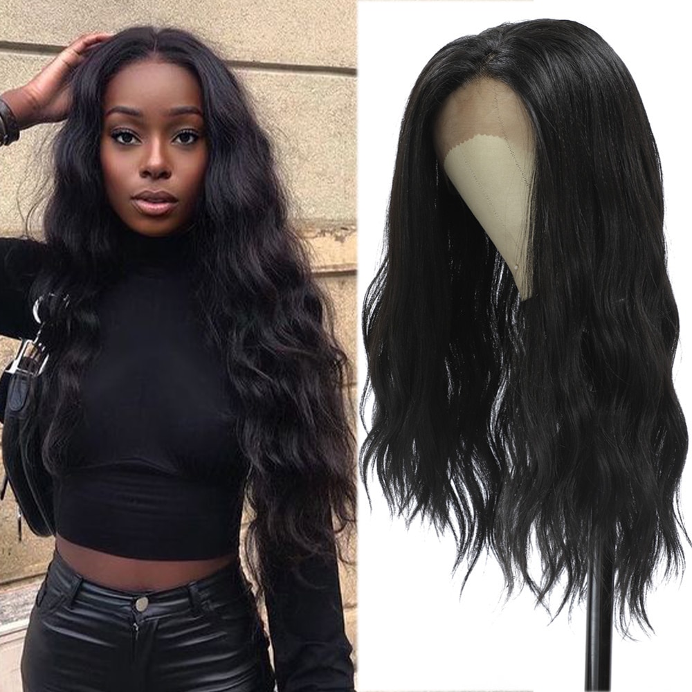 X-TRESS Natural Wave Synthetic Lace Front Wig Medium Length Free Part Lace Wig For Black Women Black COlor Soft Natural Hair Wig