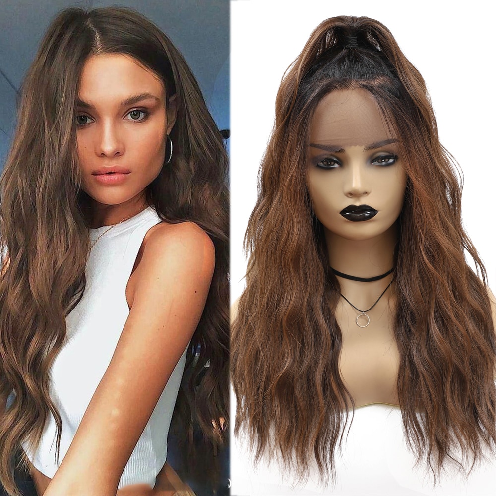 Synthetic Hair Lace Front Wigs Free Part X-TRESS Ombre Brown Black Color Long Natural Wave Trendy Lace Hair Wig For Black Women