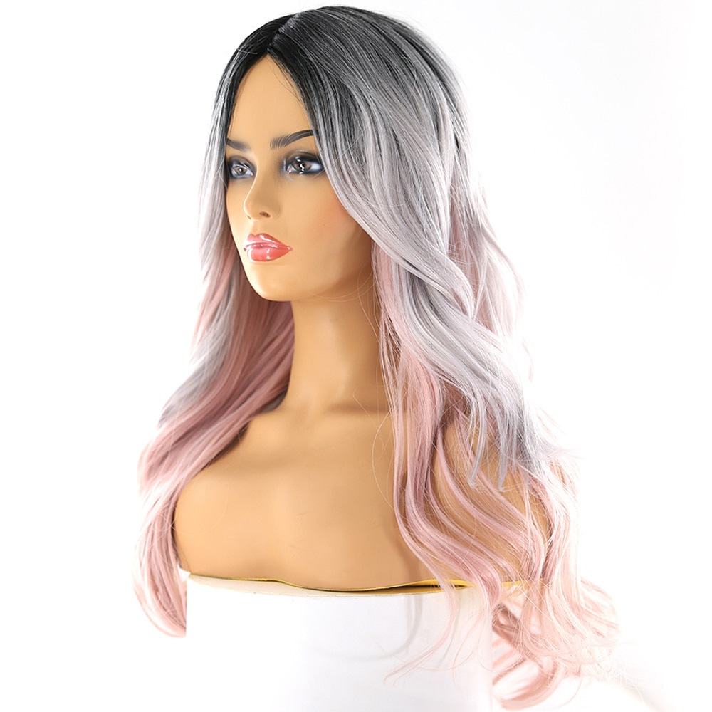 Platinum Pink Ombre Color Synthetic Hair Wigs Side Part For Women X-TRESS Long Wavy Deep Invisible Lace Part Wig With Bangs