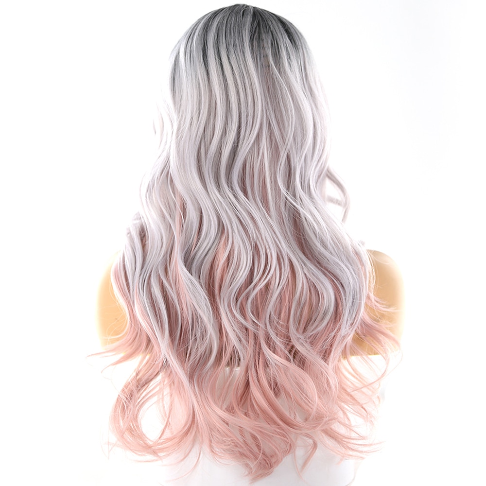 Platinum Pink Ombre Color Synthetic Hair Wigs Side Part For Women X-TRESS Long Wavy Deep Invisible Lace Part Wig With Bangs