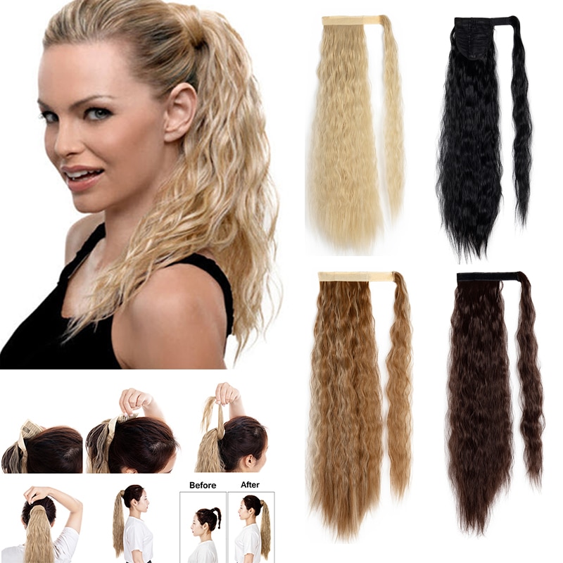 Long Ponytail Extensions for Women Synthetic 24'' Curly Wrap Around Black Ponytail Corn Wave Ponytail Hairpiece Magic Paste