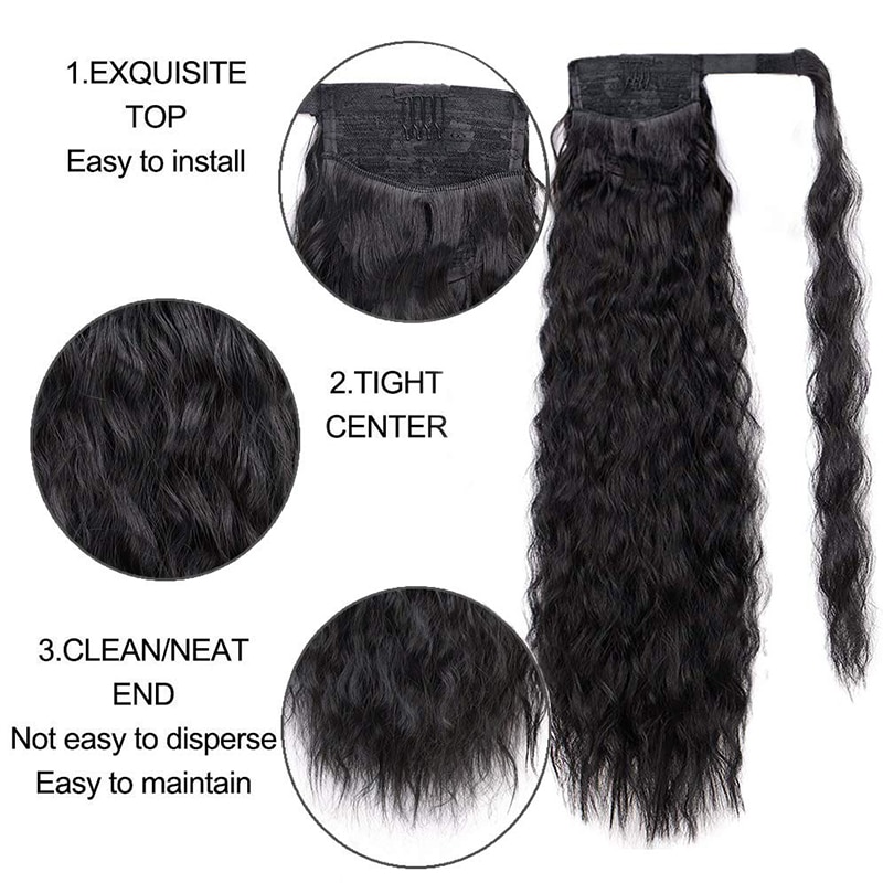 Long Ponytail Extensions for Women Synthetic 24'' Curly Wrap Around Black Ponytail Corn Wave Ponytail Hairpiece Magic Paste