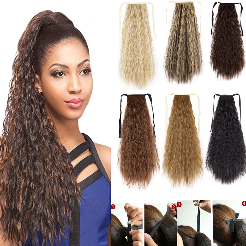 21'' Corn Wave Long Wrap Around Ponytail Extensions for Women Synthetic Ribbon Binding Tie Up Ponytails Hairpiece