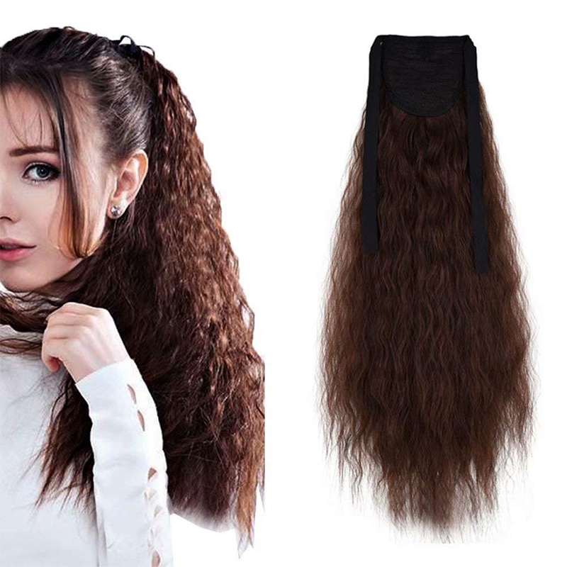 21'' Corn Wave Long Wrap Around Ponytail Extensions for Women Synthetic Ribbon Binding Tie Up Ponytails Hairpiece