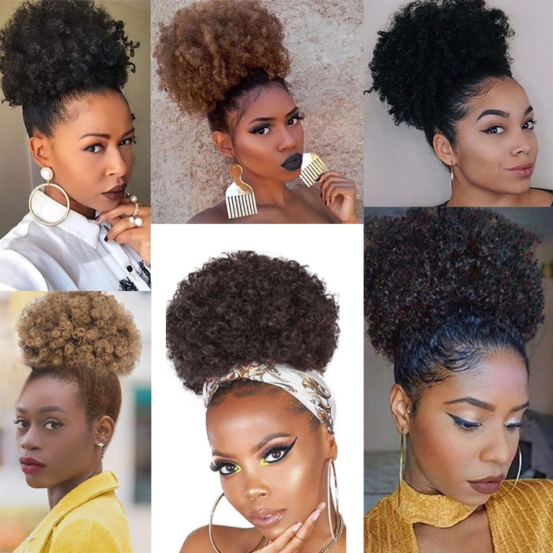 1pcs Synthetic Afro Puff Drawstring Ponytail Hair Bun Extension Hair Pieces Wig Updo Hair Extensions with Clip Kinky Curly