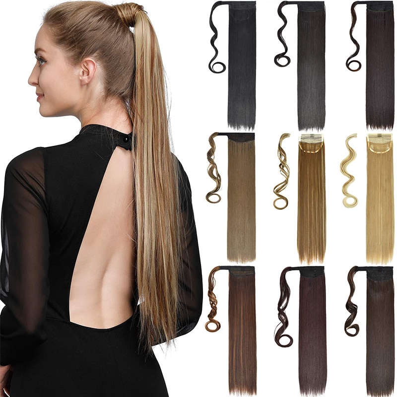 18'' 24'' Long Straight Curly Wavy Hair Piece Wrap Around Ponytail Hair Extension for Womens Clip In Ponytail Extension