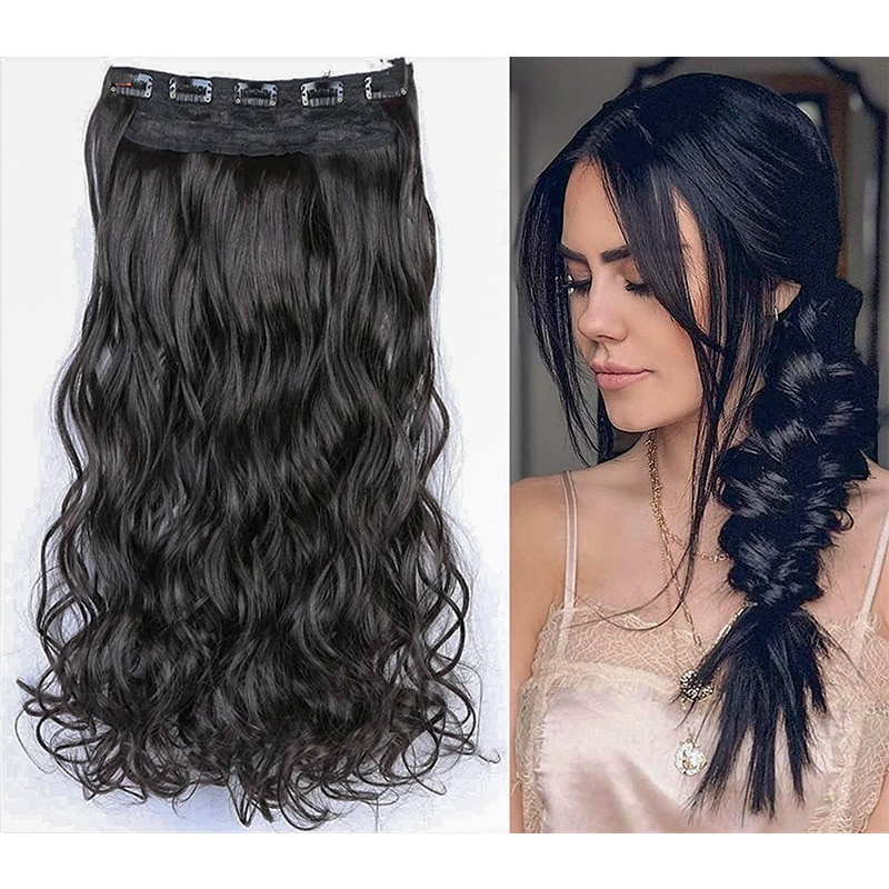 Lelinta 30'' Long Wavy 5 Clip In One Pieces Hair Extensions High Tempreture Synthetic Black Brown for Women Hairpieces