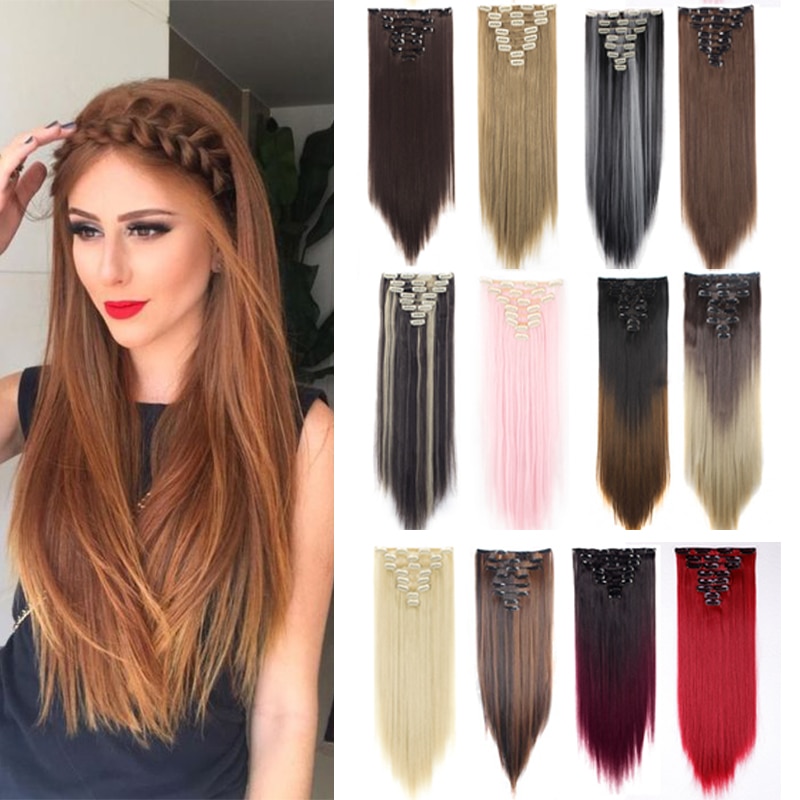 8Pcs 18 Clips Hair Piece Multi Color Inch Wavy Curly Straight Full Head Clip In Hair Extensions  24 26 Inch Dark Black Brown