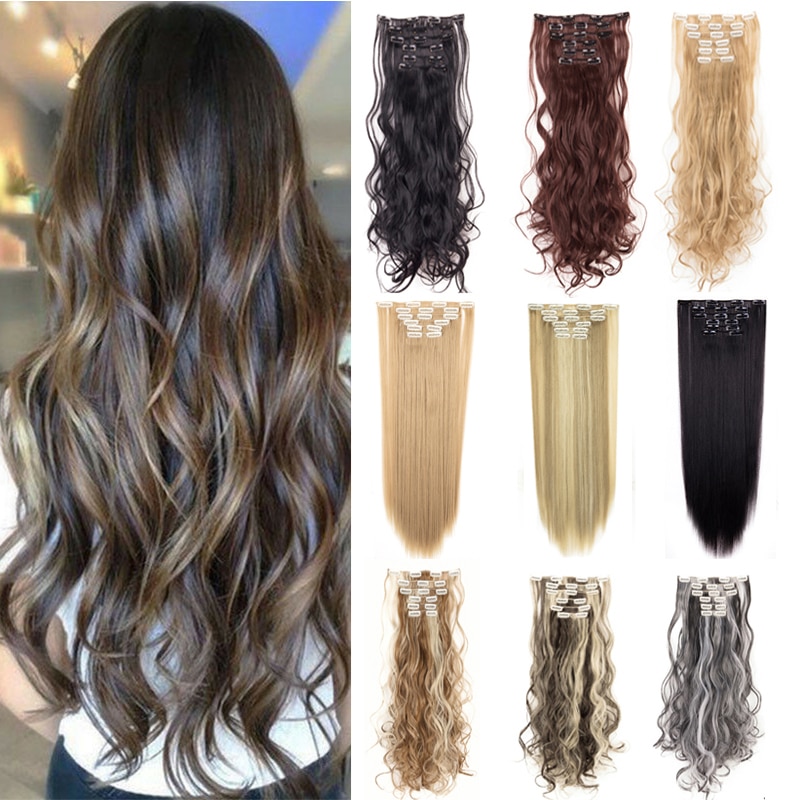 Womens 24”Long Straight Curly Full Head 6 Piece Set 16 Clips Full Head Clip In Hair Extensions Black Brown Blonde Hairpieces