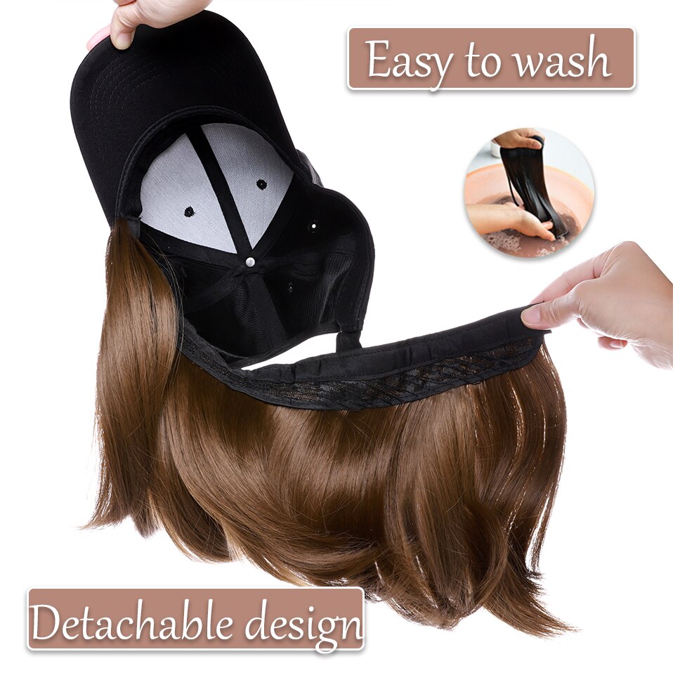 SNOILITE 6“ baseball cap with bob hair Synthetic short straight hair extension Detachable hairpiece with adjustable black cap