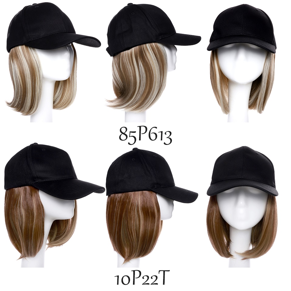 SNOILITE 6“ baseball cap with bob hair Synthetic short straight hair extension Detachable hairpiece with adjustable black cap