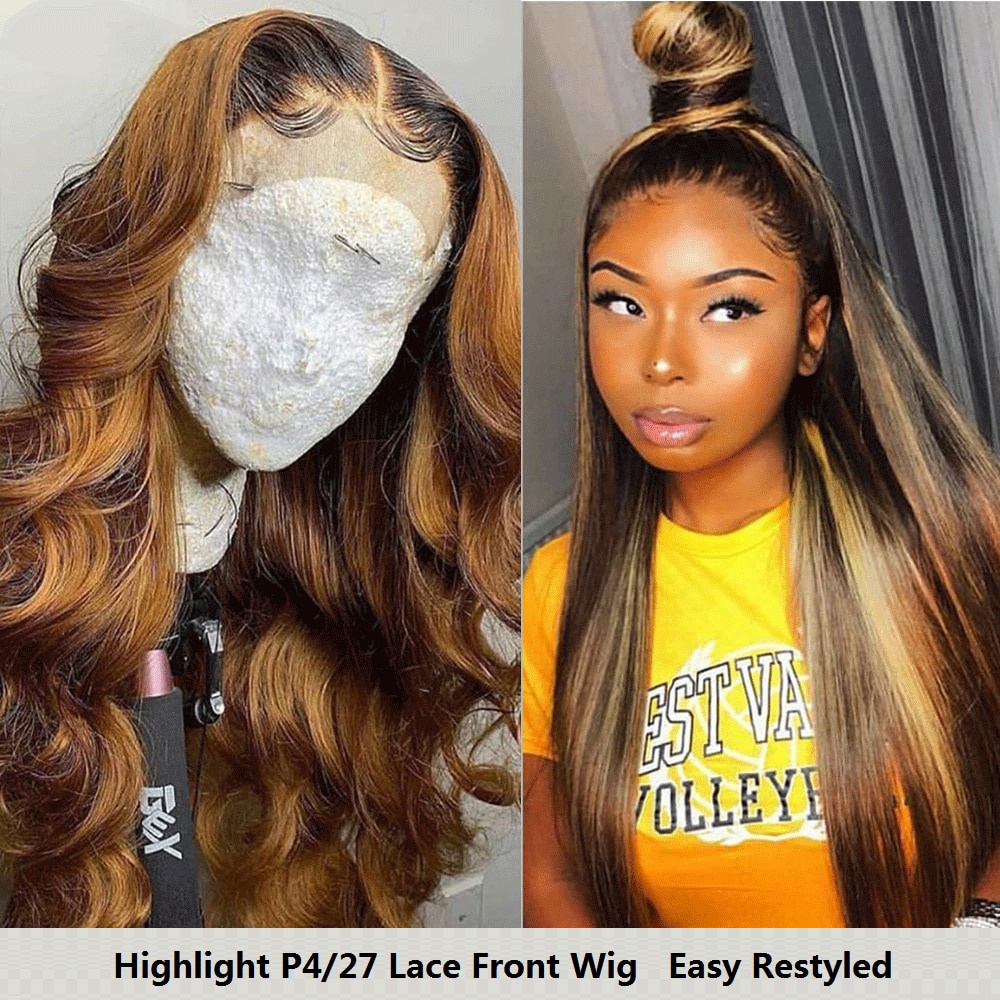 Honey Blonde Brown Highlight Wig Body Wave Lace Front Wig P4 27 Ombre Human Hair Wigs For Women 150% 13x4 Lace Frontal Wig