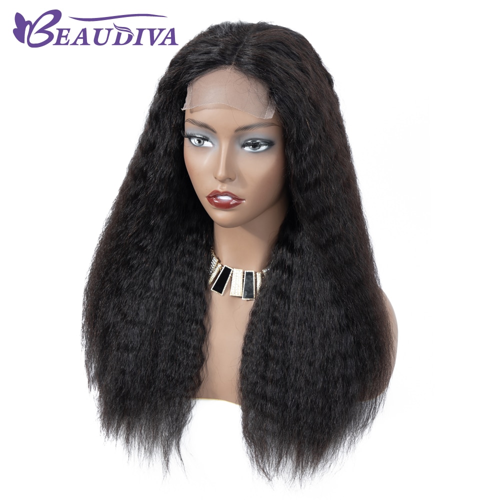 BEAUDIVA Kinky Straight Wig 13*4 Lace Frontal Human Hair Wig Pre Plucked Peruvian Remy Yaki Lace Front Wig For Black Women
