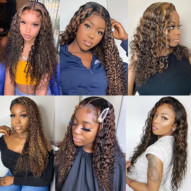 34 Inch Deep Curly Highlight Lace Front Human Hair Wigs Peruvian Remy PrePlucked 13x4 Deep Wave Lace Frontal Wigs 180 Density