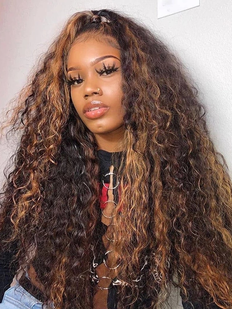 34 Inch Deep Curly Highlight Lace Front Human Hair Wigs Peruvian Remy PrePlucked 13x4 Deep Wave Lace Frontal Wigs 180 Density