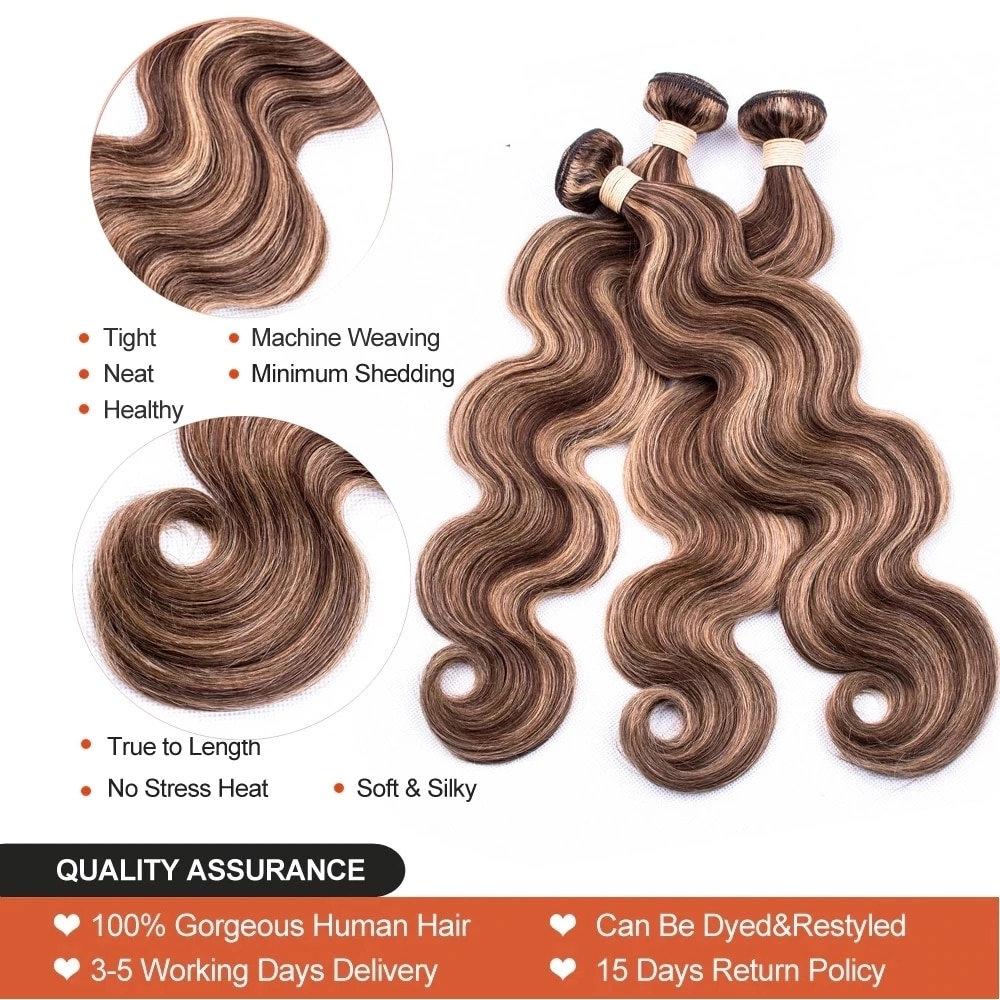 Highlight P4/27 Body Wave Bundles With Closure Human Hair Bundles With 4x4 T Lace Closure Malaysian Remy Hair Bleached Knot