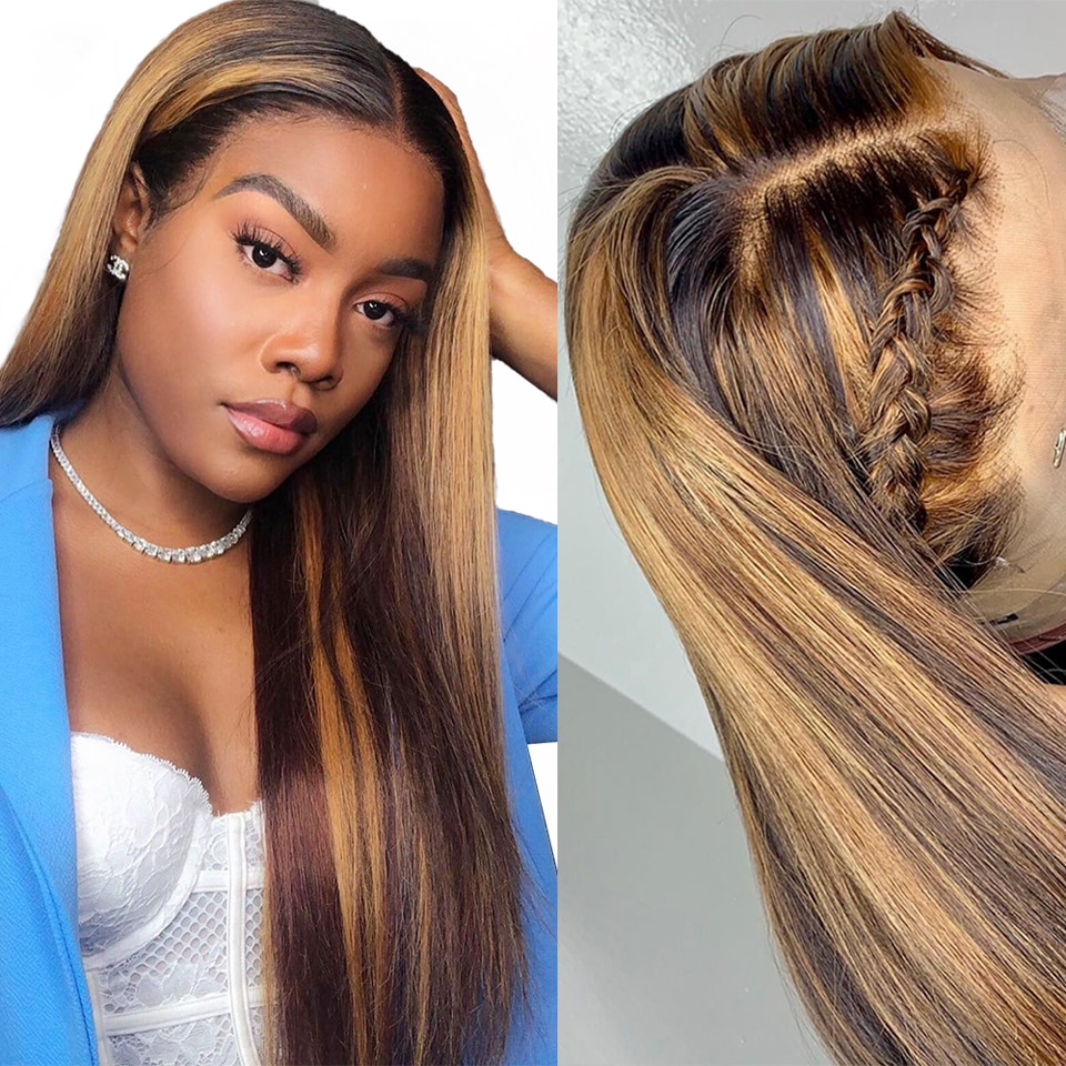 30 Inch Straight Honey Blonde Ombre Highlight Lace Front Human Hair Wigs Remy 180 Peruvian PrePlucked Straight Lace Frontal Wigs