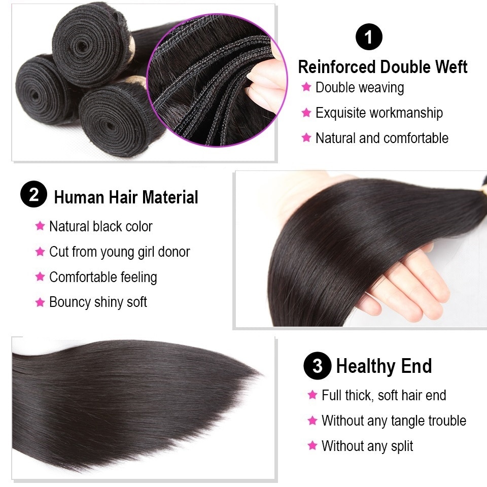 BEAUDIVA Straight Bundles With 4x4 Closure Malaysian Straight Human Hair Weave Bundles With HD Transparent T Lace Closure
